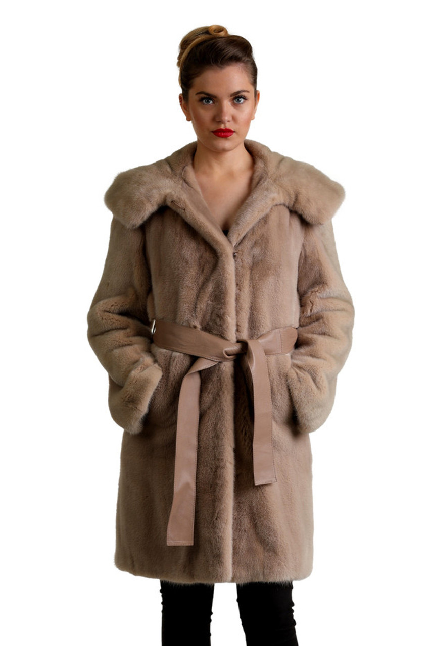 Black Persian Lamb Fur Coat with Pastel Mink Fur Collar - Size S