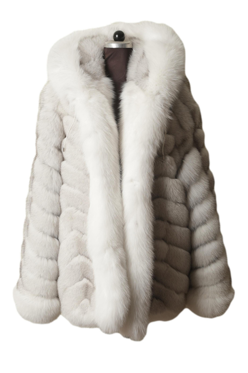 White Mink Fur Coat with White Fox Fur Tuxedo Trim