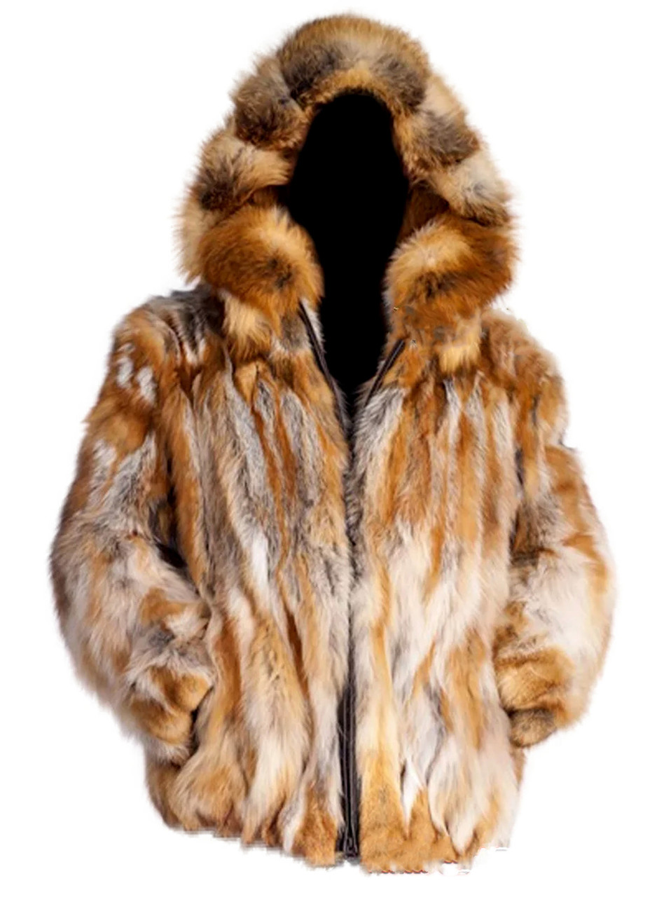 red fox fur stripe coat with hat 210734