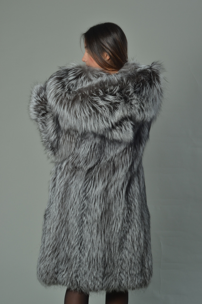Silver Fox Fur Coat Hooded Knee Length SKANDINAVIK FUR