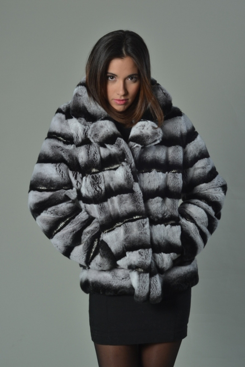 Rex Rabbit Fur Coat in Chinchilla Print 