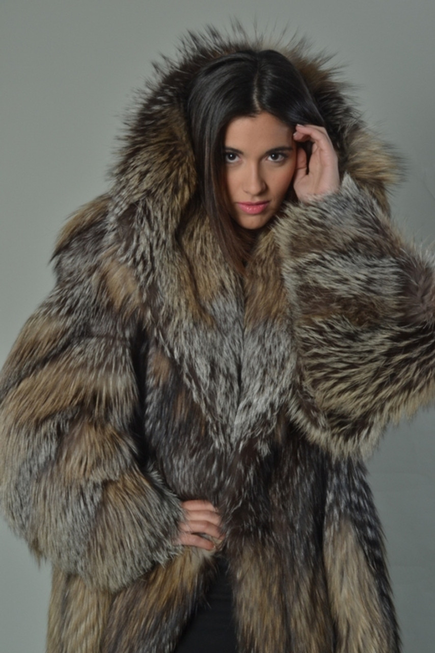 Full Length Crystal Fox Fur Coat Hooded | SKANDINAVIK FUR
