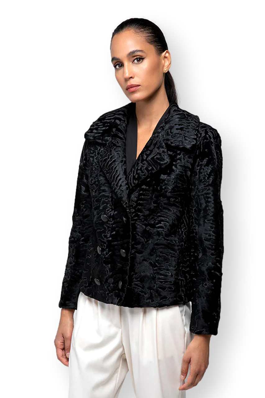 Black Broadtail Short Jacket Overlap Buttons | SKANDINAVIK FUR