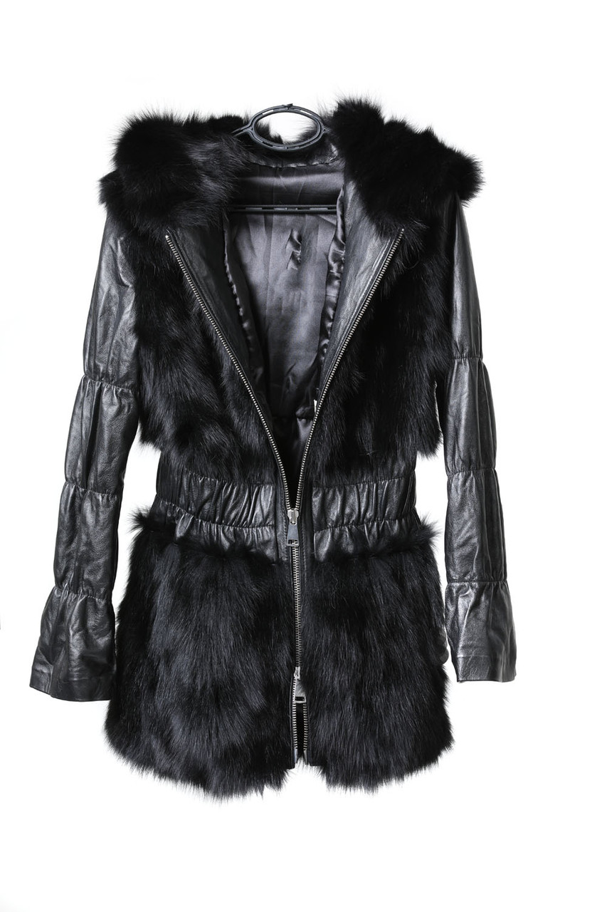 Black Fox Fur Jacket Hood leather sleeves | SKANDINAVIK FUR