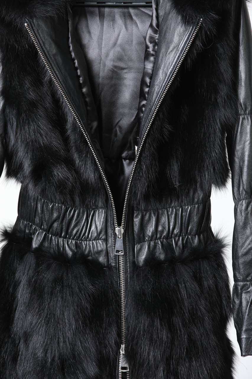 Black Fox Fur Jacket Hood leather sleeves | SKANDINAVIK FUR