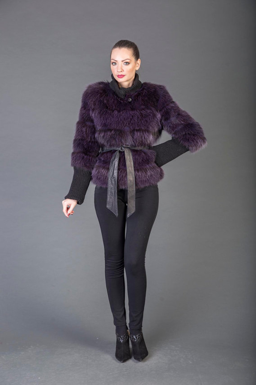 Purple Racoon fur Coat with Leather Belt | SKANDINAVIK FUR