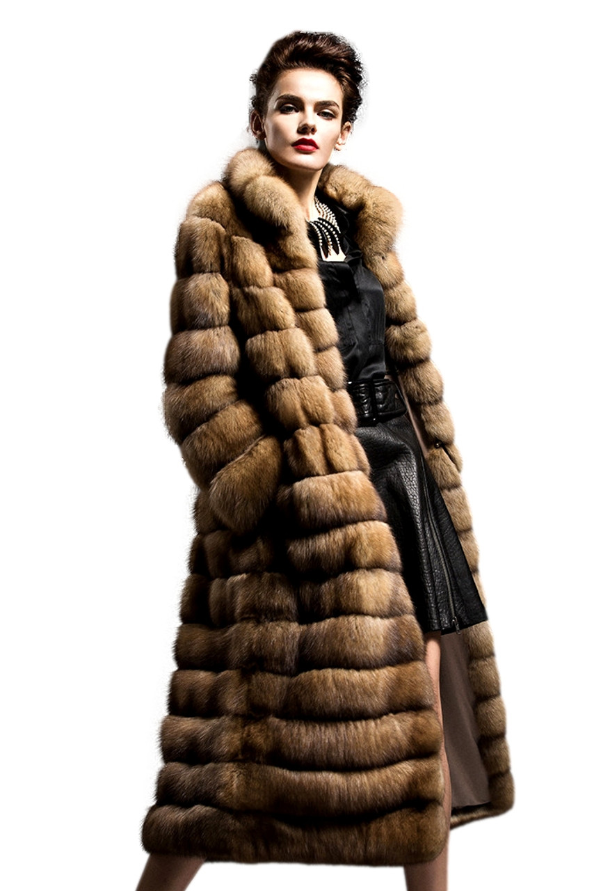 Vintage Brown Beaver Fur Full Length Coat Striped Fur Coat 