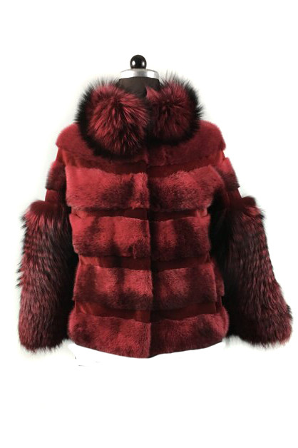 Red Mink Fur Coat With Fox Sleeves and Collar SKANDINAVIK FUR