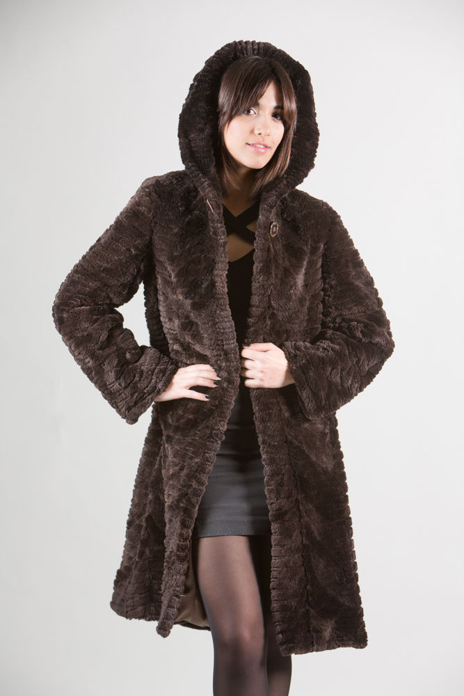 【新品】MANOF WOOL BEAVER 3WAY COAT Brown Beaver Fur Coat Hooded Sculpted Knee Length | SKANDINAVIK FUR