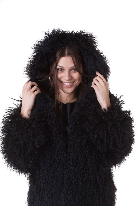 Black Mongolian Lamb Fur Coat Hooded | SKANDINAVIK FUR