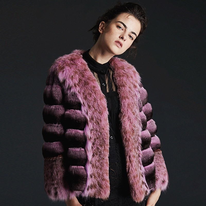 Fuchsia Chinchilla Fur Coat With Lynx Collar & Cuffs | SKANDINAVIK FUR