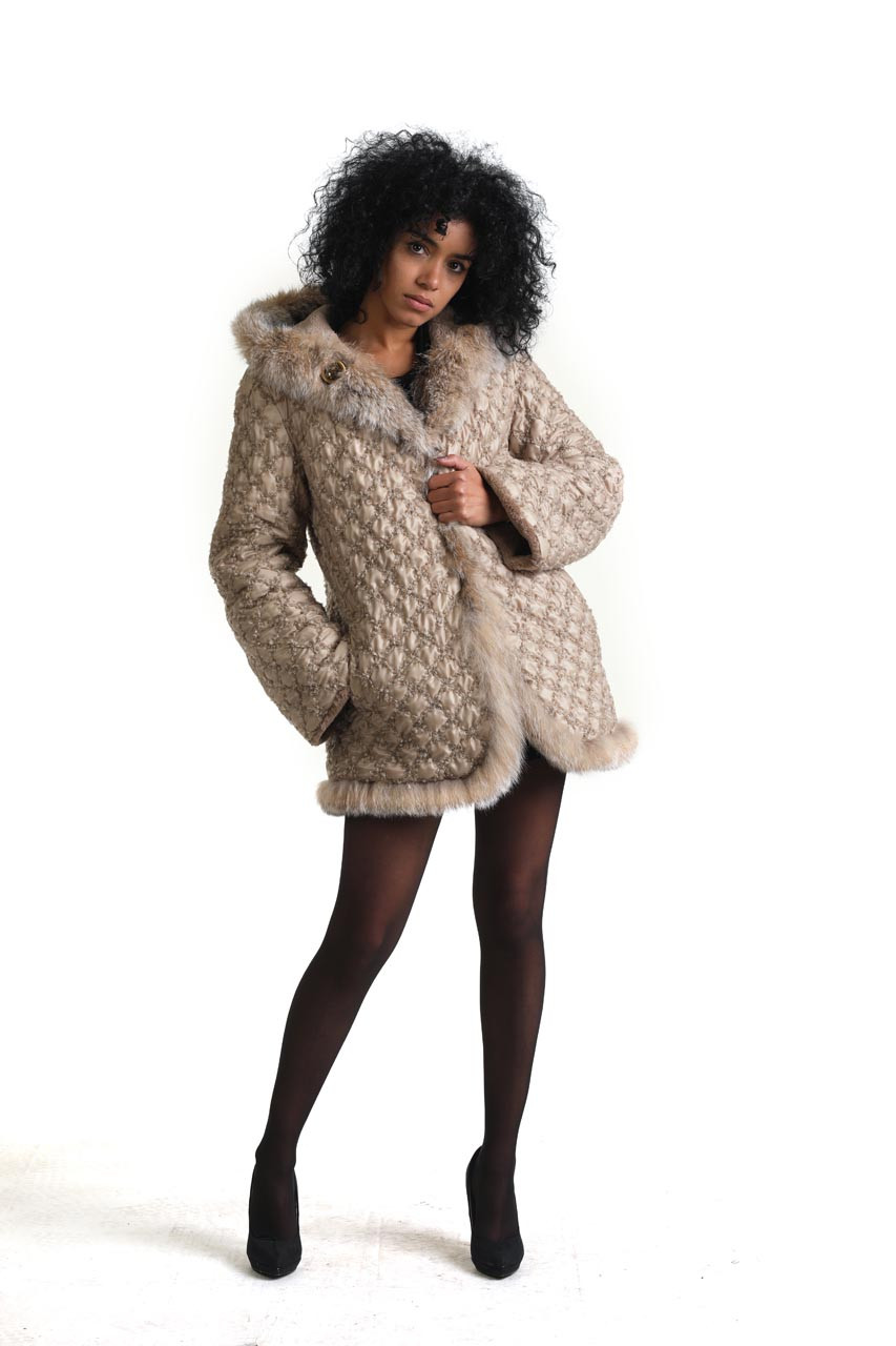 Reversible Beige Hooded Sheared Beaver Fur Coat | SKANDINAVIK FUR