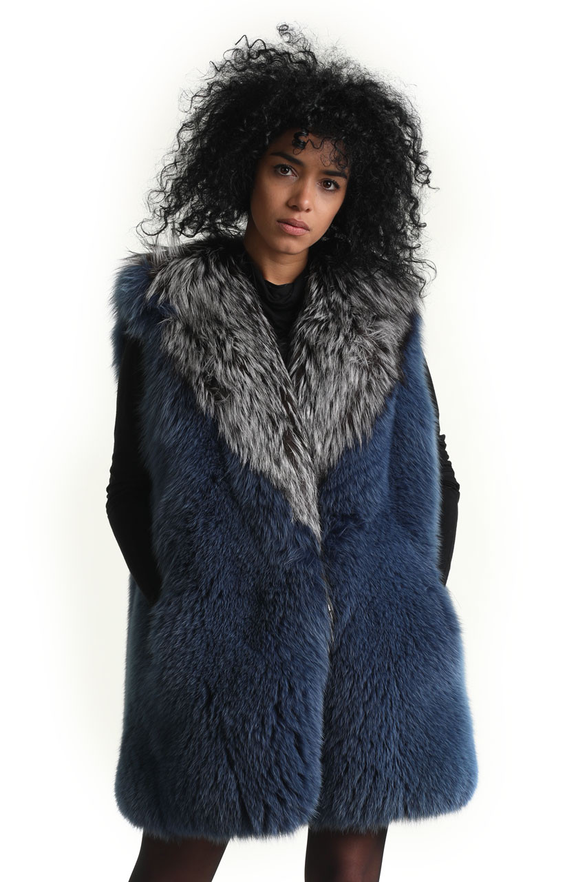 Long Blue Fox Fur Vest With Silver Fox Collar| SKANDINAVIK FUR