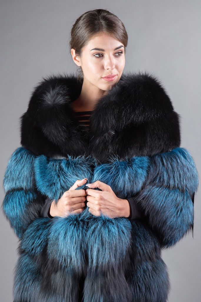 Blue Black Saga Fox Fur Coat 4/5 Sleeves | SKANDINAVIK FUR