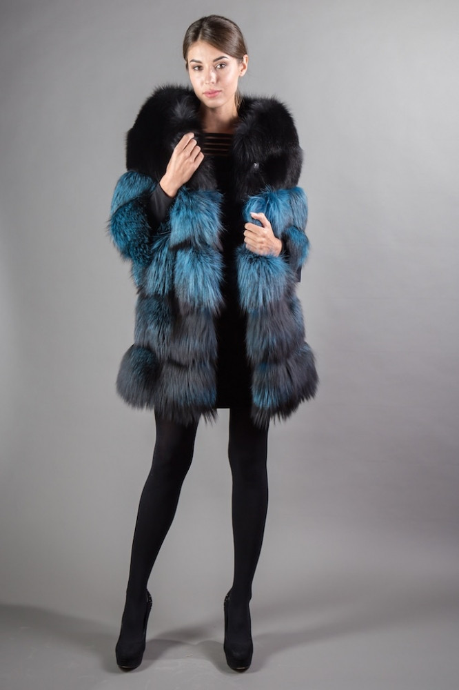 Blue Black Saga Fox Fur Coat 4/5 Sleeves | SKANDINAVIK FUR