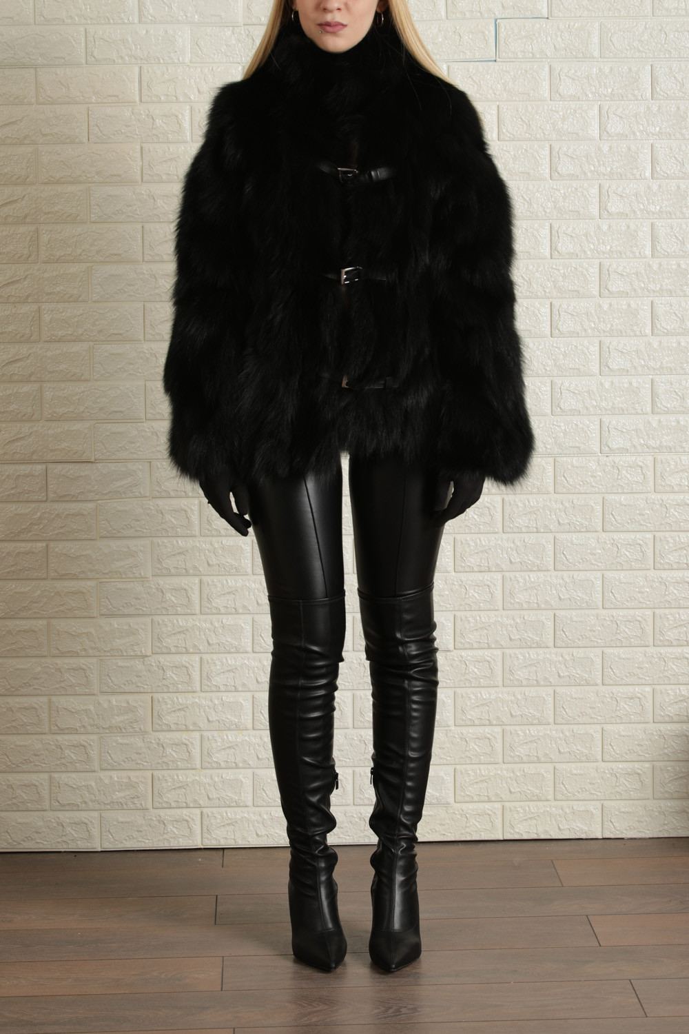 Black Fox Fur Coat Leather Straps| SKANDINAVIK FUR