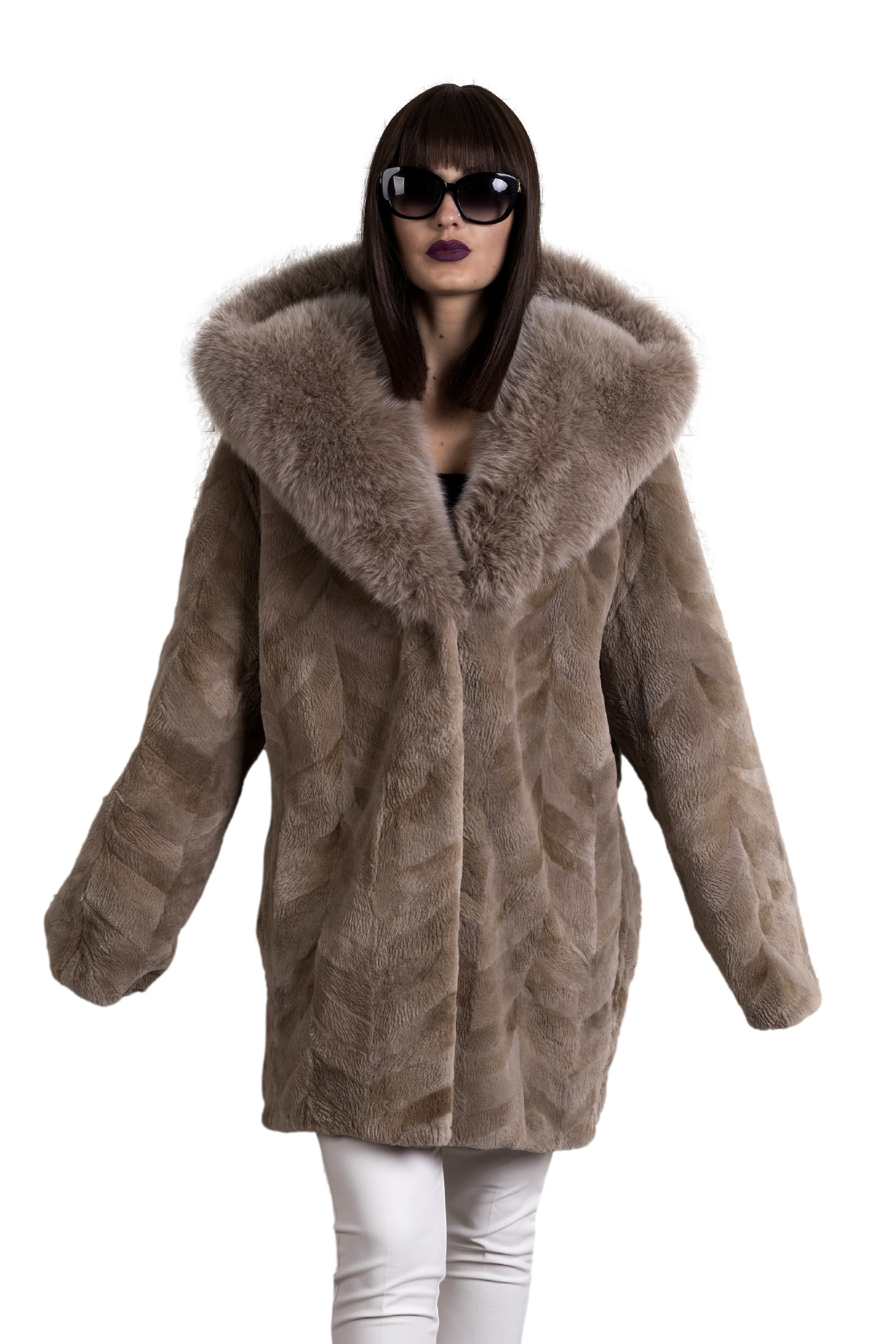 Brown Sheared Mink Fur Coat With Cobra Fox Fur Hood | SKANDINAVIK FUR