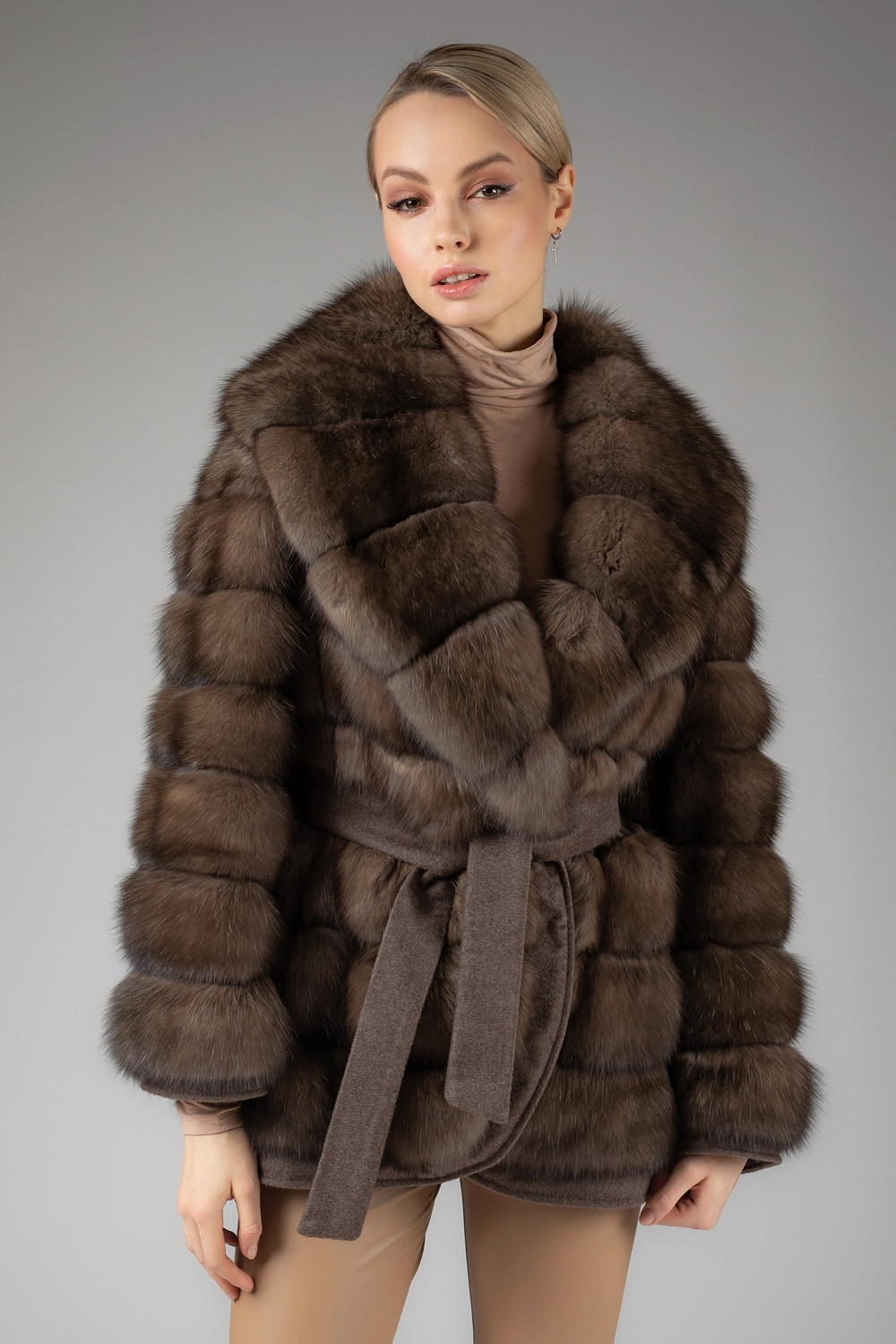 Sable fur coat with v neck collar and cashmere wool belt