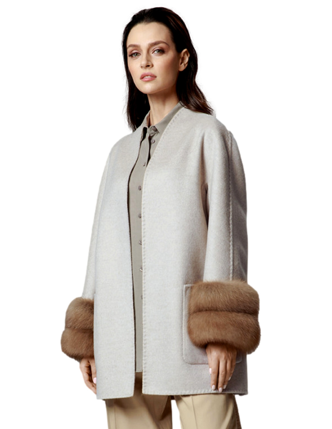 collarless gray cashmere wool coat with sable fur cuffs