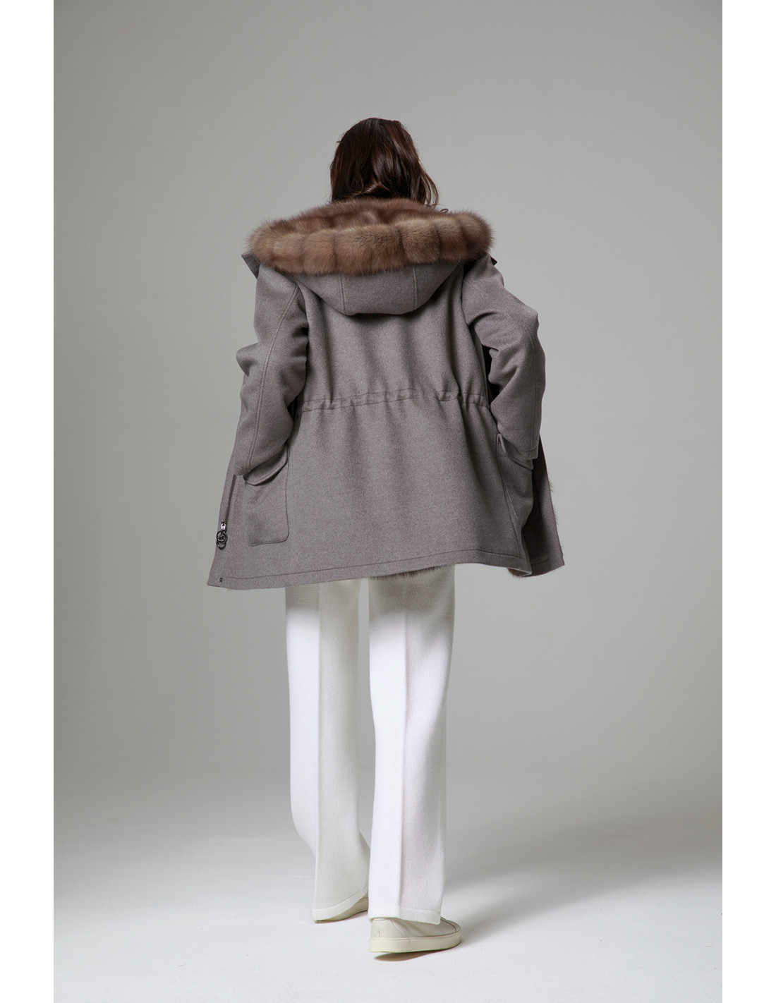 Hooded gray cashmere wool fur coat with sable fur trim