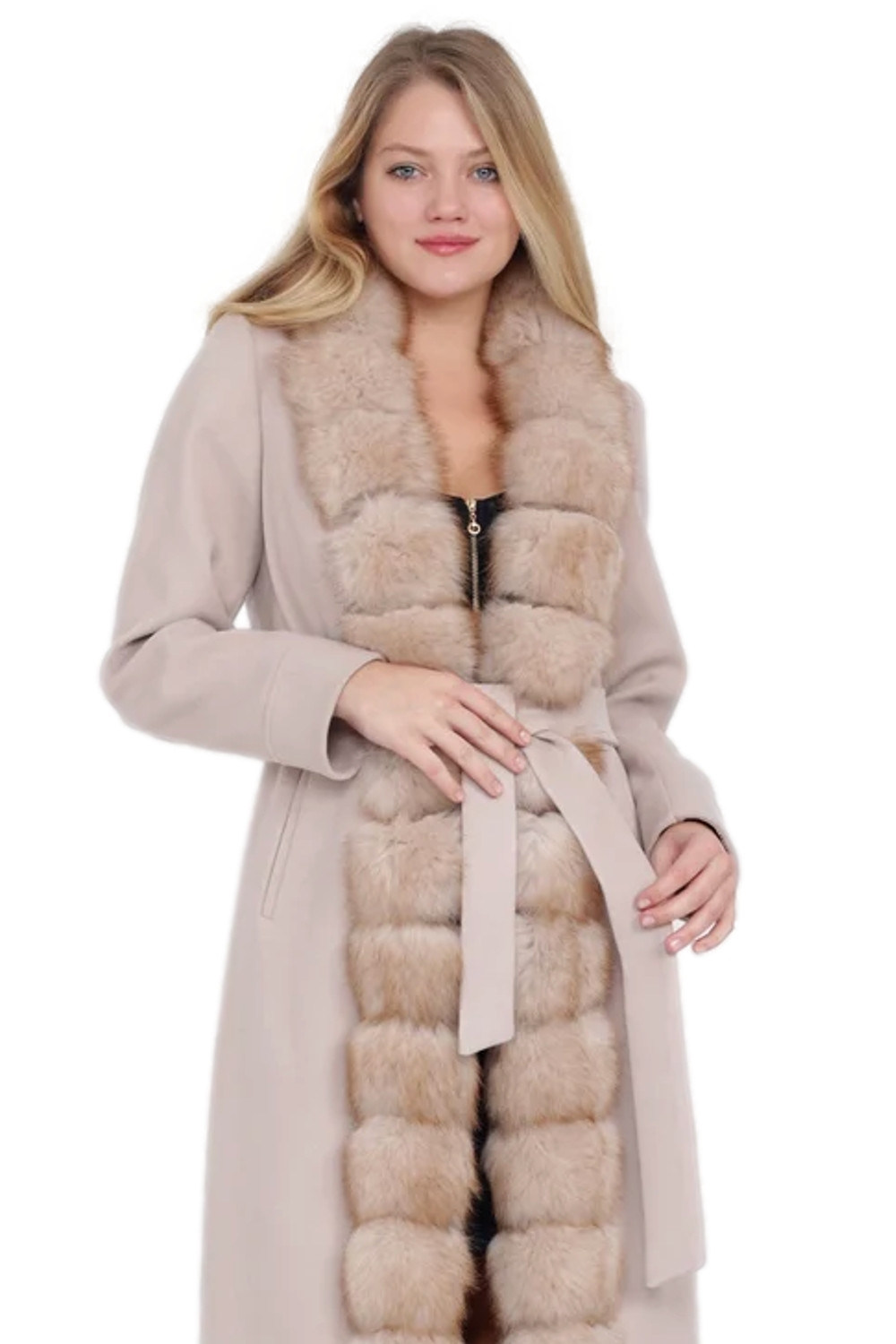Long gray cashmere wool coat with fox trim SKANDINAVIK FUR — free download