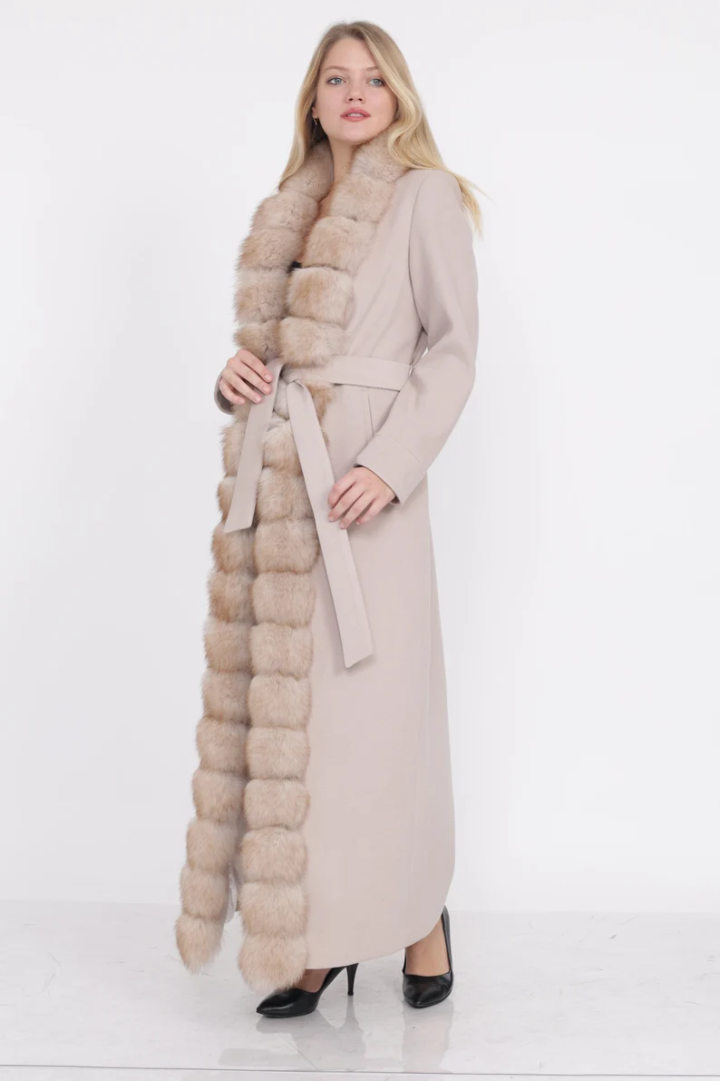 Long gray cashmere wool coat with fox trim | SKANDINAVIK FUR