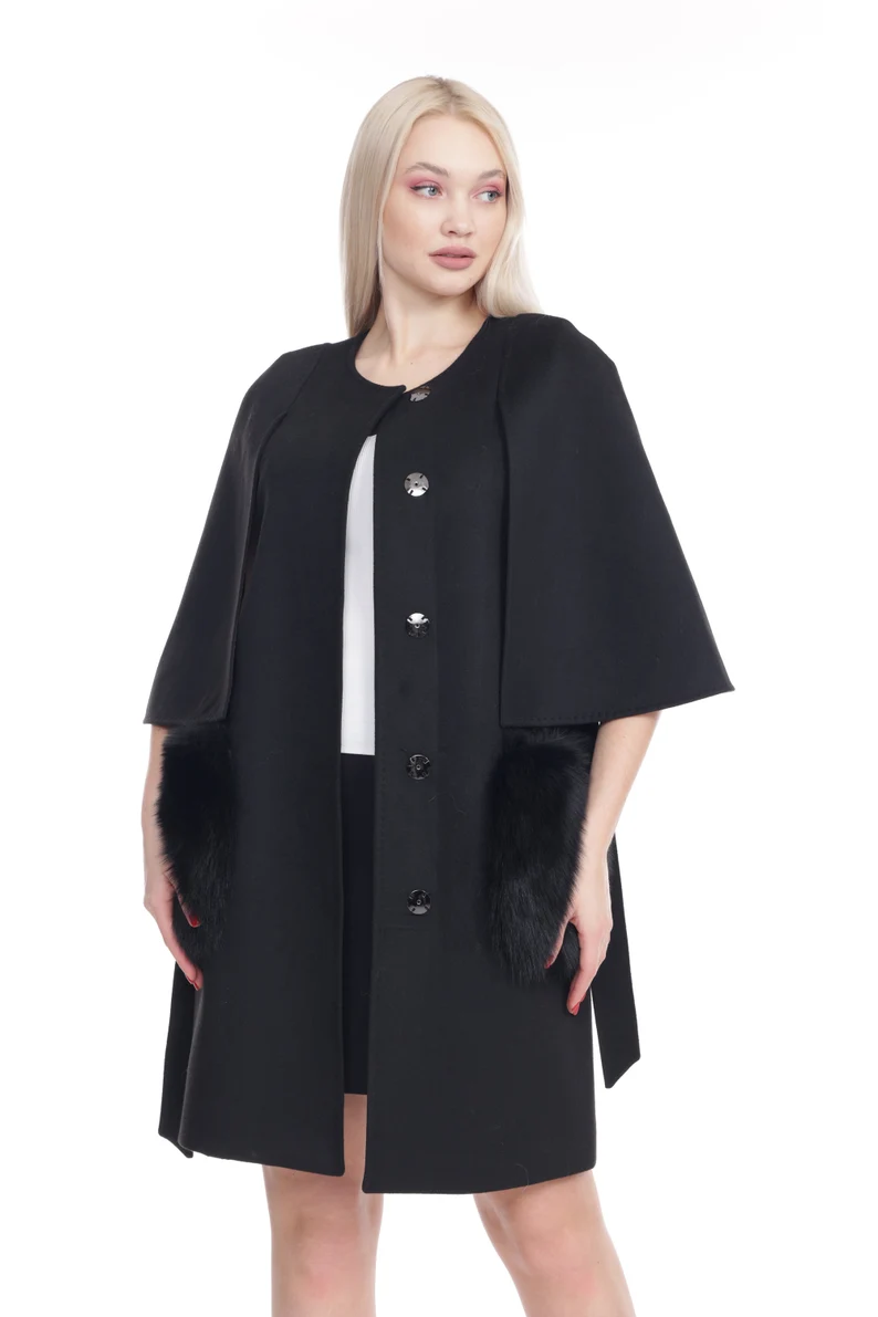 Black Cashmere Wool Coat with Fox pockets | SKANDINAVIK FUR