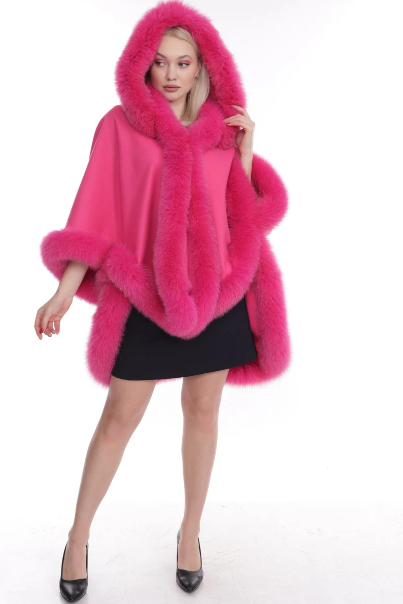 希少✨フォクシー カシミヤ100% ダブルフェイスフーデッドコート ピンク Black Cashmere Wool Cape Hooded Fox Trim | SKANDINAVIK FUR