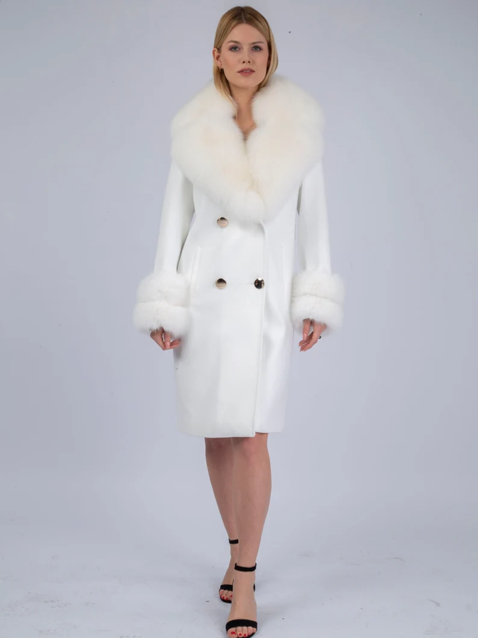 White Cashmere Wool Coat with Fox Collar | SKANDINAVIK FUR