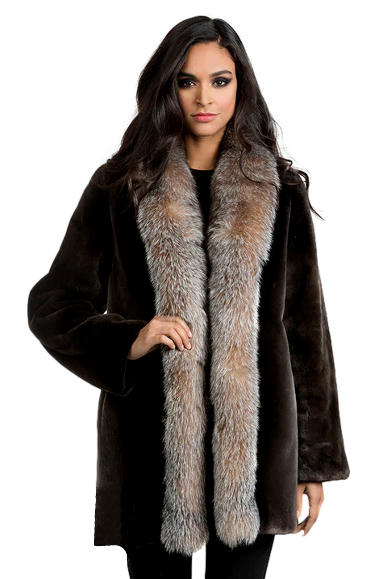 Mahogany Mink Fur Coat Crystal Fox Trim | SKANDINAVIK FUR