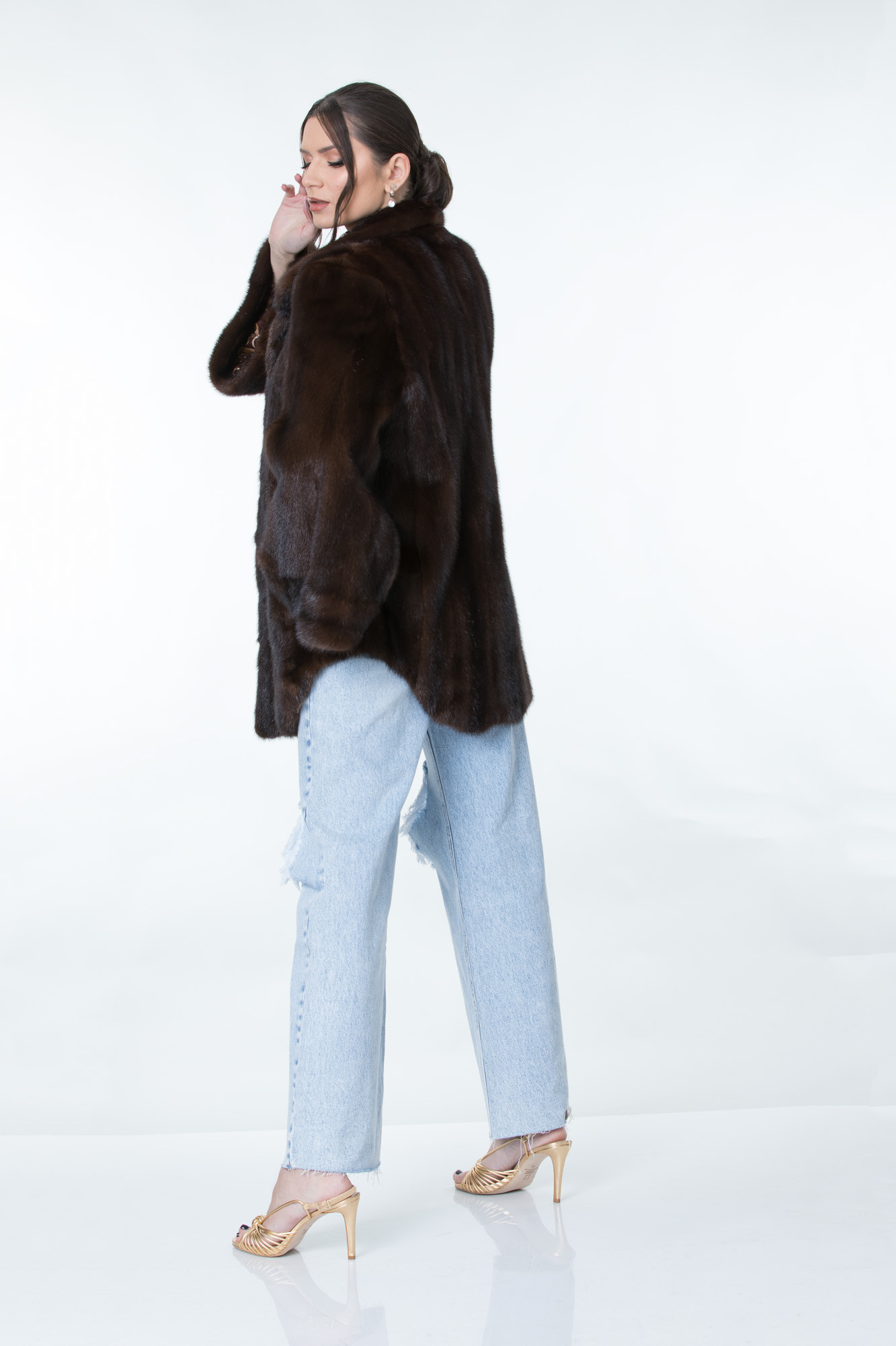 Mahogany Mink Fur Coat With Side Slits Notched Collar