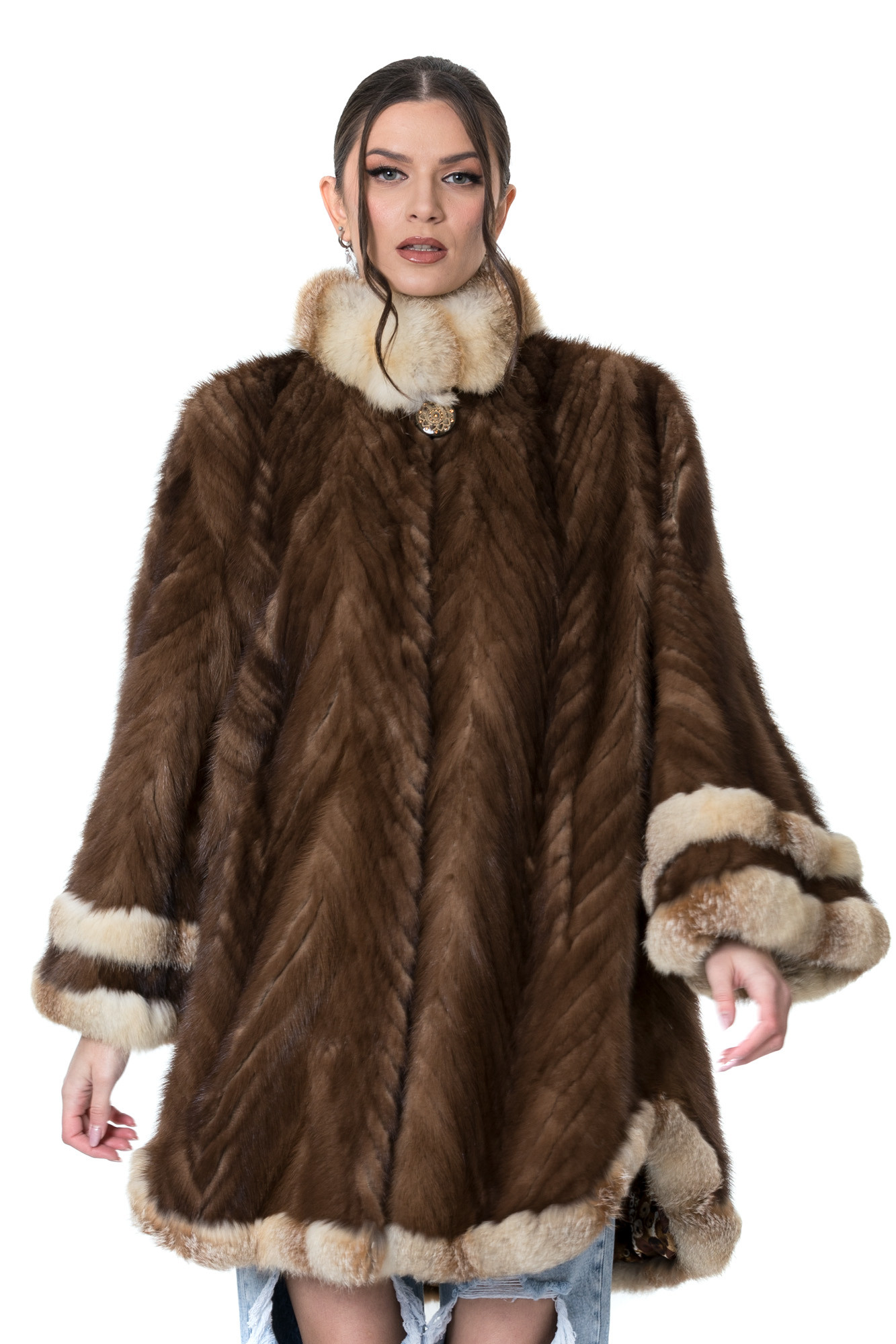 Brown mink fur coat with fox trim SKANDINAVIK FUR