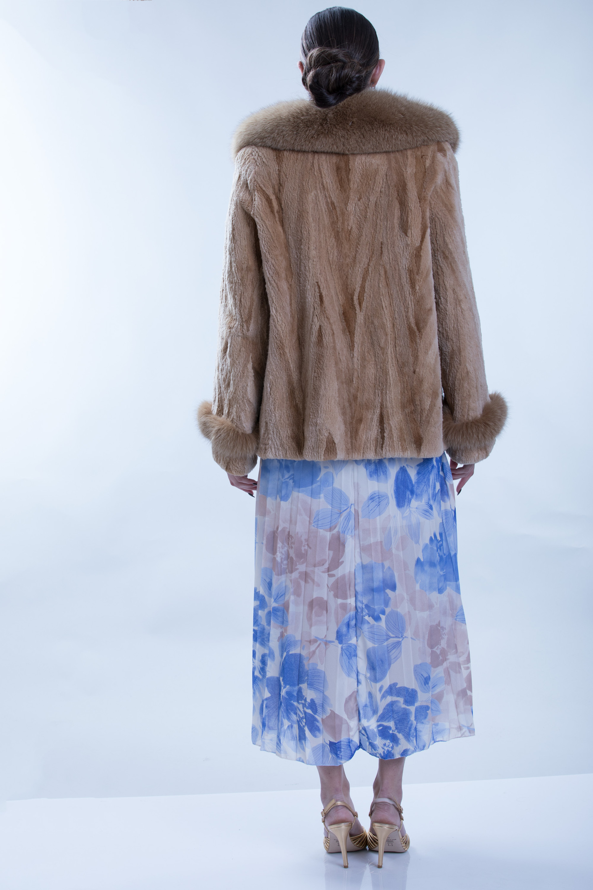 Tan Sheared Mink Fur Coat Fox Shawl Collar & Trim | SKANDINAVIK FUR