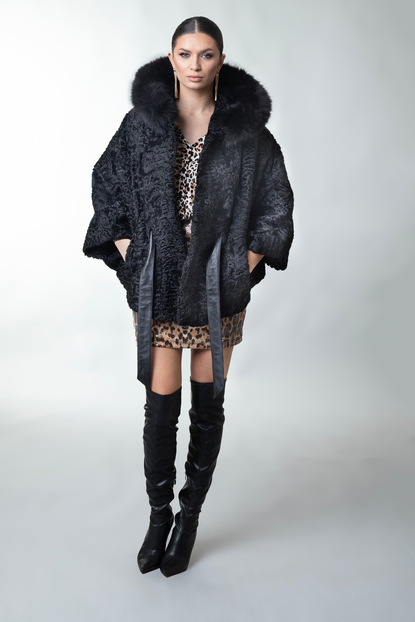 black astrakhan cape hooded with fox trim leather belt