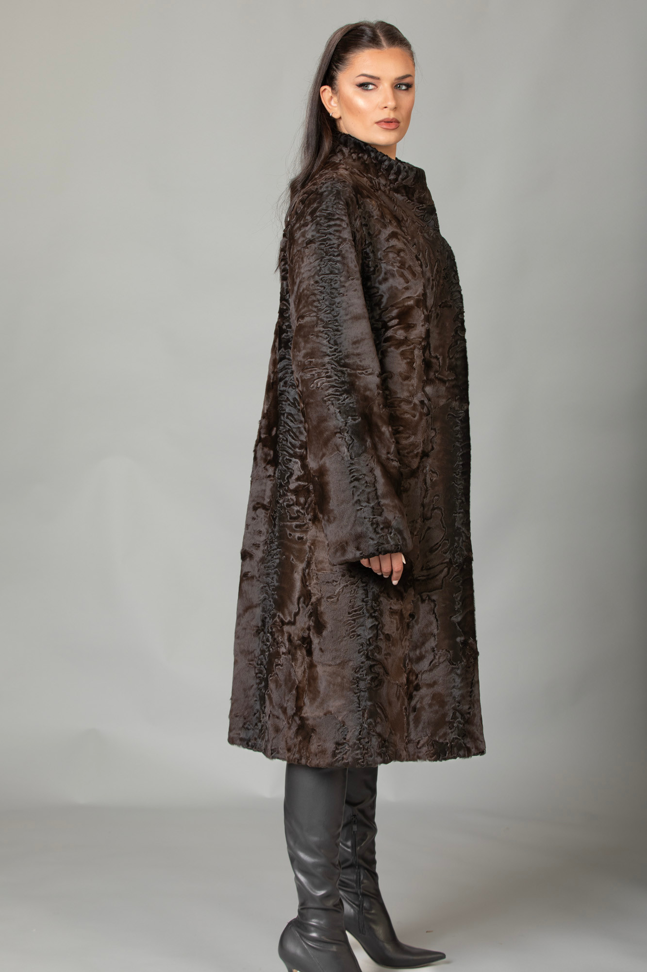 Brown SWAKARA Lamb Fur Long Coat | SKANDINAVIK FUR