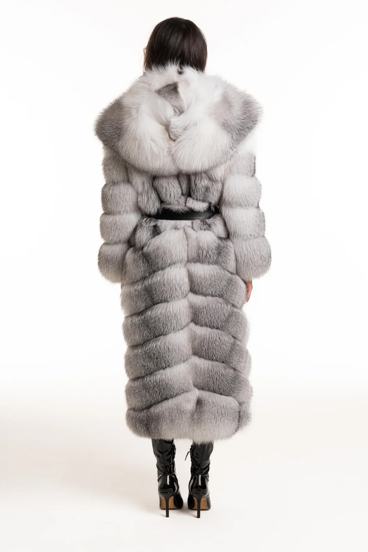 Long Blue Fox Fur Coat Hooded | SKANDINAVIK FUR