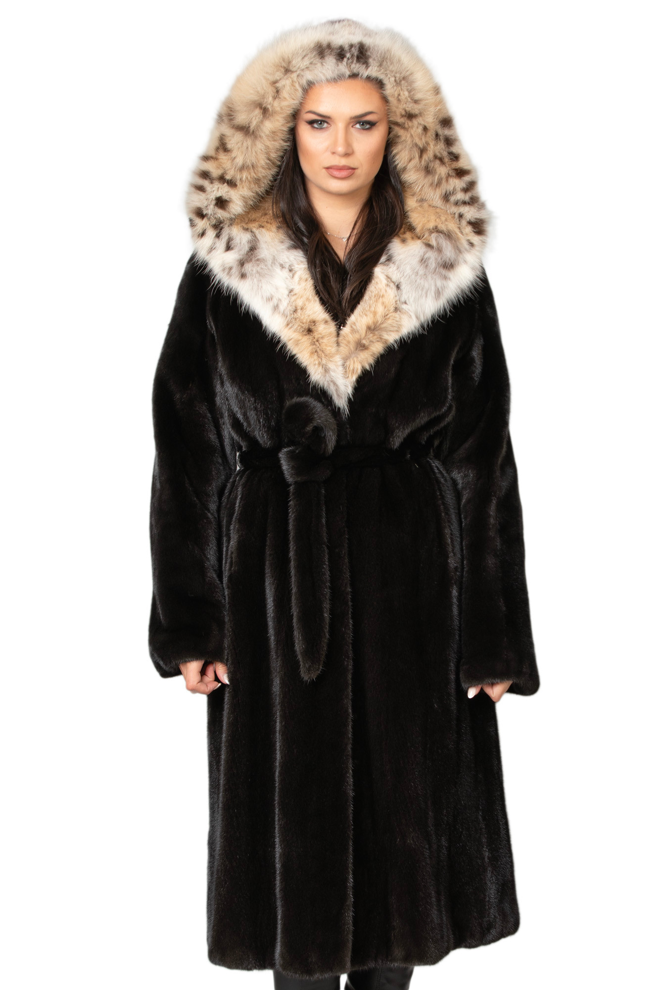 Long Black Mink Fur Coat Lynx Cobra Hood | SKANDINAVIK FUR
