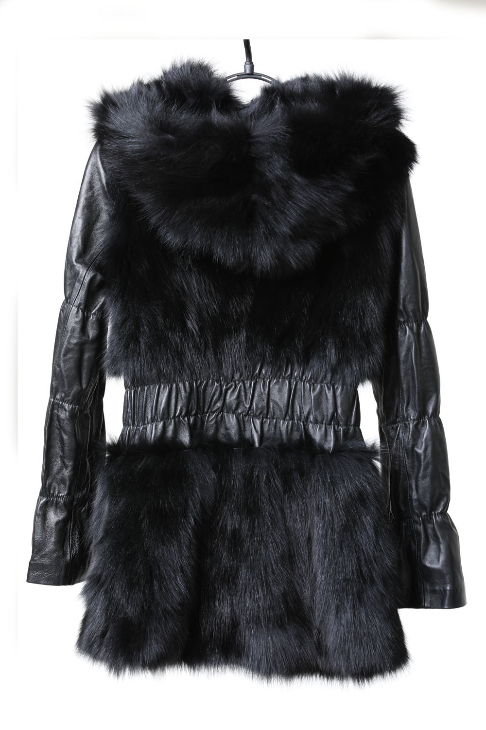 Black Fox Fur Jacket Hood leather sleeves | SKANDINAVIK FUR