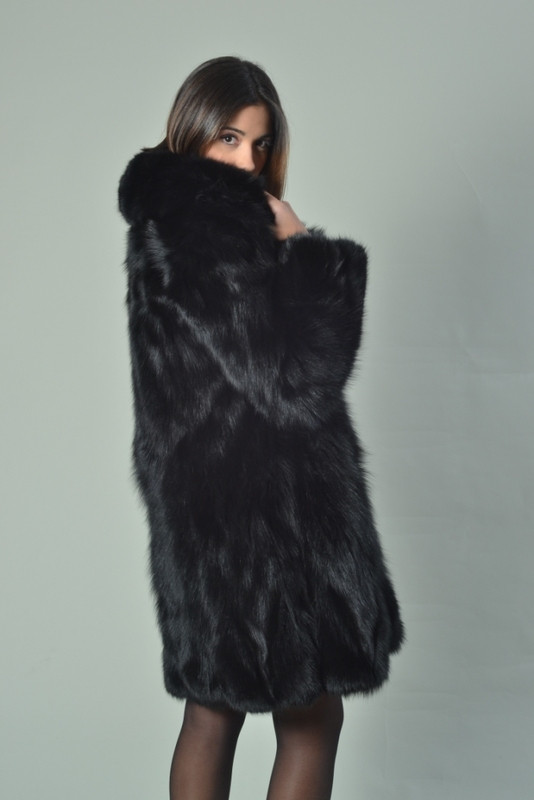 サガフォックス♥ユキベルファム 高級ミンクコート11号L ブラック Luscious Black Fox Fur Coat Knee Length | SKANDINAVIK FUR