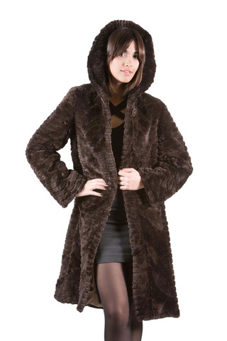 Brown Beaver Fur Coat Hooded Sculpted Knee Length | SKANDINAVIK FUR