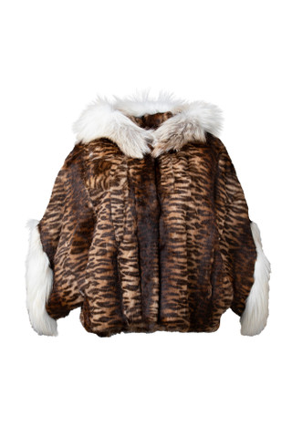 Leopard print sheared mink fur cape white fox trim hooded fox