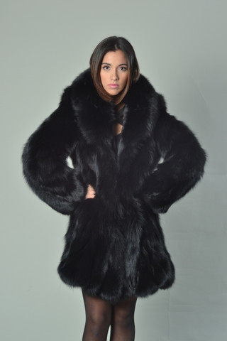 【FO022】ALGONQUINS ブラックファーコート Luscious Black Fox Fur Coat Knee Length | SKANDINAVIK FUR
