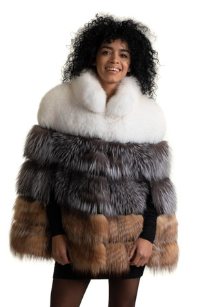 multicolor fox fur cape made of white silver and brown fox pelts  featuring side slits and stand up rounded collar