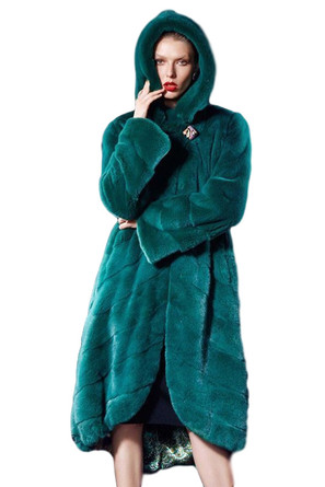 green mink hooded fur coat SAGA asymetric cut