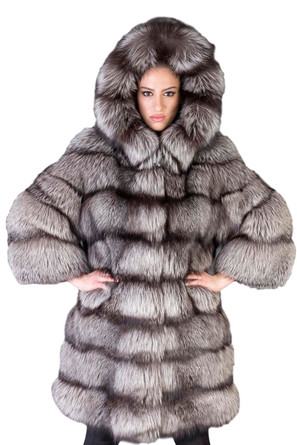 Silver Fox Fur Coat Hooded Knee Length | SKANDINAVIK FUR