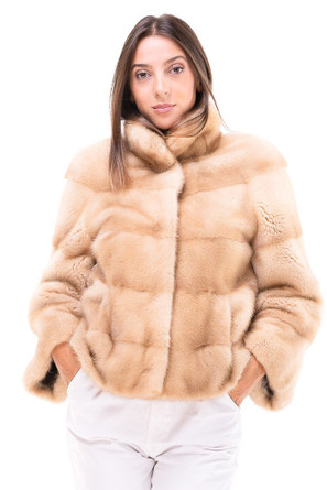 Hooded Golden Mink Fur Jacket with elastic on sleeves & waist