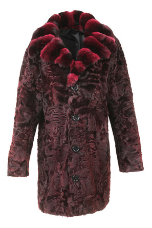 MEN'S BURGUNDY RED ASTRAKHAN & CHINCHILLA COLLAR FUR COAT BUTTON CLOSURE FRONT VIEW