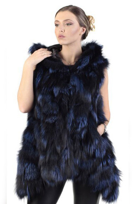 blue hooded fox fur vest with assymetric cut