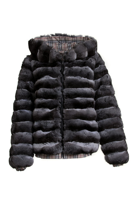 Men's Hooded Chinchilla Fur Bomber Jacket Reversible