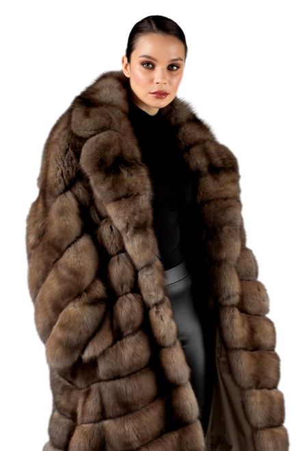 Fur Coat Brown Smooth Reversible Sable Cashmere Wool Fur Coat Long